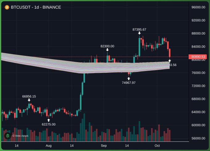 A candlestick chart of BTCUSDT on Binance showing prices ranging from approximately $56,000 to $96,000, with notable price points at $66,956.15, $62,275.00, $82,300.00, $74,967.97, $87,395.67, and $80,880.53.