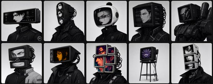 A grid of ten black-and-white illustrated portraits featuring futuristic characters with various screen-covered or camera-laden helmets, reminiscent of cyberpunk or video game aesthetics.