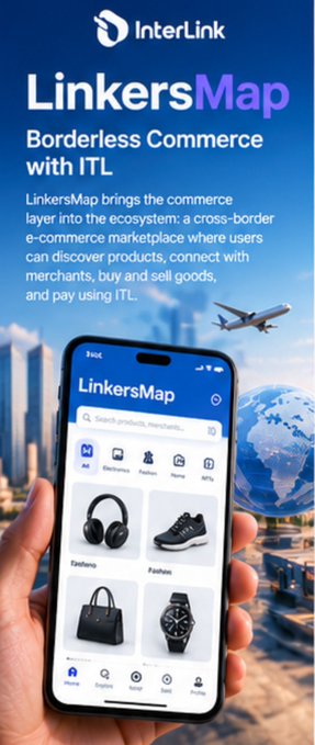 A promotional graphic for "InterLink LinkersMap" featuring the tagline "Borderless Commerce with ITL," showing a hand holding a smartphone displaying an e-commerce marketplace interface with products like headphones, sneakers, a handbag, and a watch.