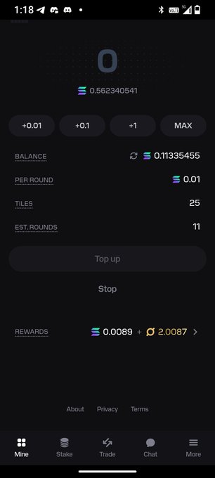 Screenshot of a crypto mining app showing a balance of 0.11335455 SOL with 0.562340541 displayed at top and various mine/stake/trade options.