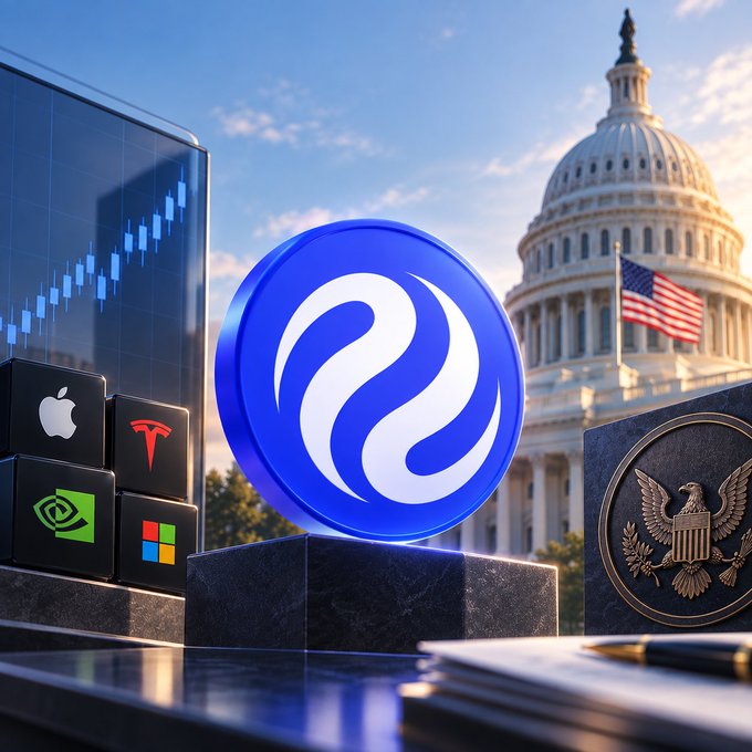 A 3D rendered graphic features a large blue and white swirled coin displayed on a black pedestal. To the left are icons for Apple, Tesla, Nvidia, and Microsoft alongside a stock chart, and to the right is a seal with an eagle. The U.S. Capitol building and an American flag are visible in the background.