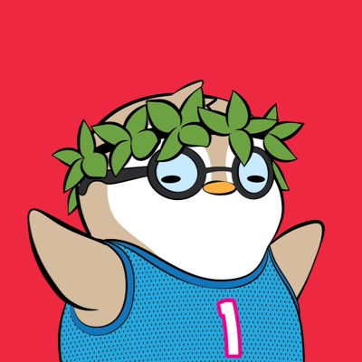 An animated penguin character wearing a laurel wreath crown, black-rimmed glasses, and a teal basketball jersey with the number 1, set against a red background.