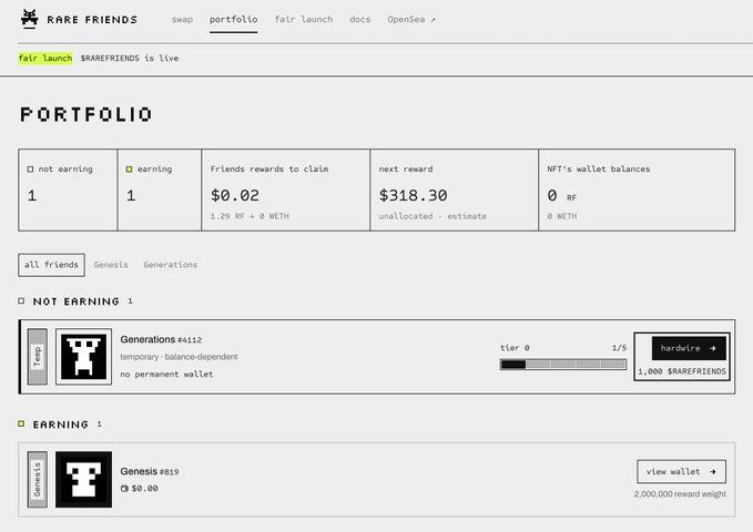 A portfolio dashboard for the "Rare Friends" platform showing 2 NFTs (1 not earning Genesis #4112 and 1 earning Genesis #819 at tier 0 with a 2,000,000 reward weight), $0.02 in friends rewards to claim, $318.30 in unallocated next rewards, and an NFT wallet balance of 0 RF / 0 WETH—visually confirming the activation and earning status of Genesis #819 referenced in the post.