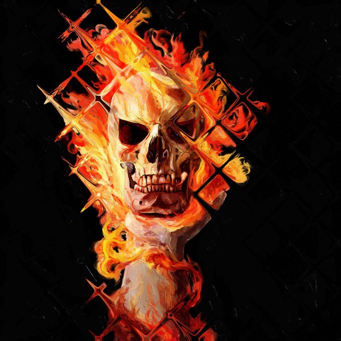 A dramatic digital artwork featuring a flaming skull surrounded by fiery geometric shapes and flames against a dark background.