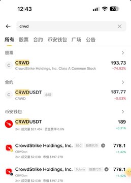 The image shows a Binance app search result for "crwd," displaying CrowdStrike Holdings stock (CRWD) at $193.73, along with its USDT perpetual contract (CRWDUSDT) and stock token versions available for trading. The screenshot illustrates the multiple trading options Binance offers for US stocks like CrowdStrike, supporting the post's discussion about the complexity of navigating Binance's US stock products.