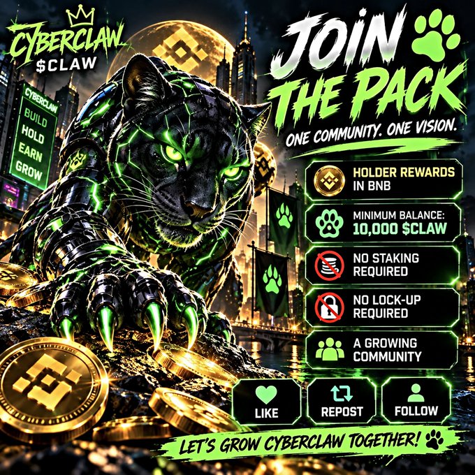 A promotional graphic for 'CYBERCLAW $CLAW' cryptocurrency featuring a robotic panther with green glowing eyes and the tagline 'JOIN THE PACK - ONE COMMUNITY. ONE VISION.'