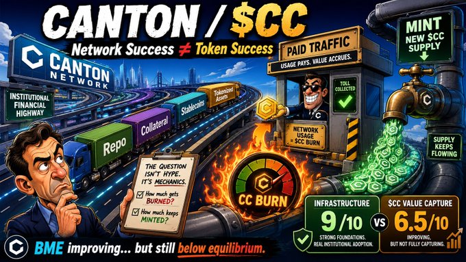 A stylized infographic comparing Canton's network infrastructure (rated 9/10) against $CC token value capture (6.5/10), featuring trucks labeled "Repo," "Collateral," "Stablecoins," and "Tokenized Assets" moving through a "Paid Traffic" toll booth where usage pays and a "CC Burn" gauge burns tokens, alongside a notepad asking how much gets burned vs. minted, with text highlighting "BME improving... but still below equilibrium" and "Supply keeps flowing."