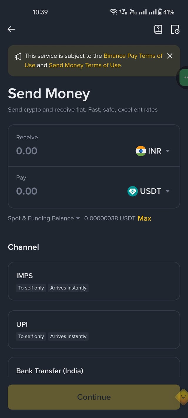 A screenshot of Binance's new "Send Money" feature, which allows users to send crypto (USDT) and receive fiat (INR) via channels like IMPS, UPI, or Bank Transfer, with a current available balance of 0.00000038 USDT. The interface highlights fast, safe transactions with excellent rates, aligning with Binance's latest update for seamless crypto-to-fiat conversions.