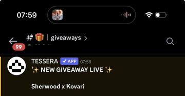 A Telegram chat screenshot showing a giveaway message from a user named 'TESSERA' (verified, APP) announcing a new giveaway for Sherwood x Kovari, with the chat labeled '# | giveaways' and 99 notifications.