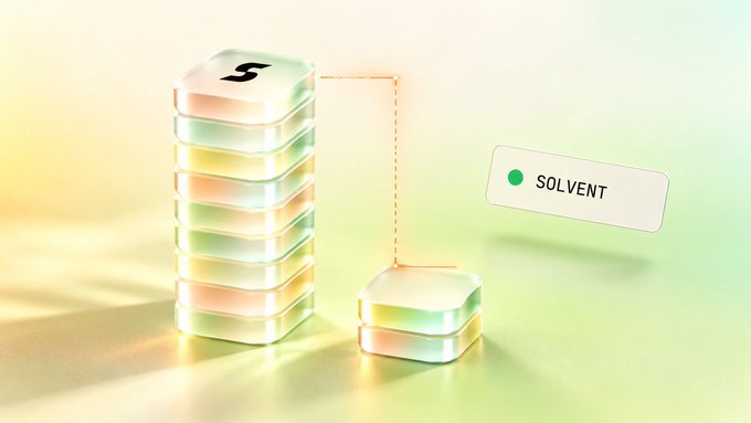 A 3D graphic depicting a stack of translucent, colorful blocks with a dollar sign, alongside a callout label reading "SOLVENT".