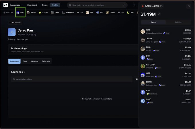A screenshot of a cryptocurrency launchpad platform showing the token list with $VIBE highlighted in a green box at the top, along with a profile page for "Jerry Pan" (0x10781...4810C) and a wallet holding $1.49M in various assets. The image supports the post's point by visually confirming $VIBE's presence in the token list and displaying Jerry's wallet details, which the caption suggests are worth examining closely in the history tabs.