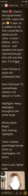 A screenshot of a chat message from 'Dayna Coo...' discussing a hair appointment with details on color formula (soft level 7-8 neutral/beige shadow root, heavy balayage highlights, creamy pearl/beige blonde toner) for a 4pm appointment.