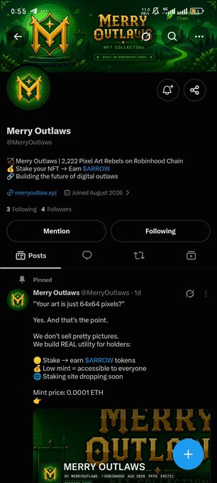 Twitter/X profile for 'Merry Outlaws' (@MerryOutlaws) advertising '2,222 Pixel Art Rebels on Robinhood Chain' with a pinned post about their NFT utility.