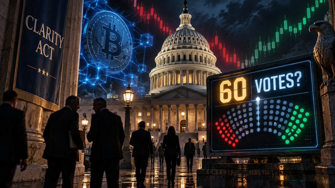 A digital illustration shows the U.S. Capitol building with a large screen displaying '60 VOTES?' and a 'CLARITY ACT' banner, surrounded by people and candlestick charts.