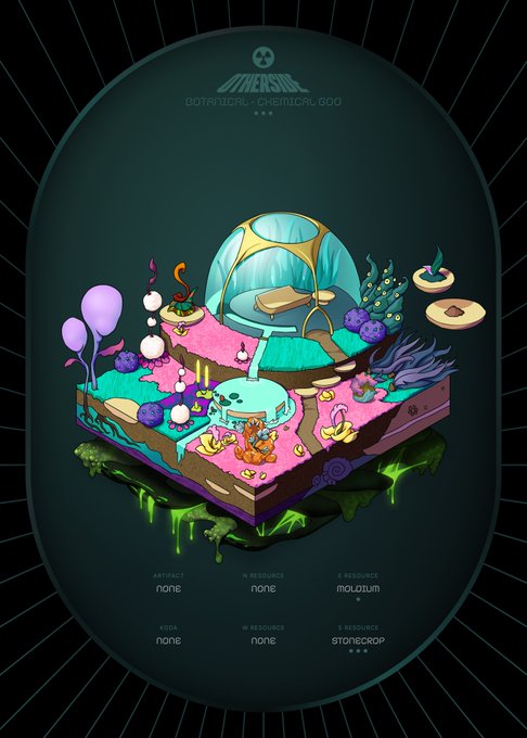 An illustration of a surreal, isometric 'Botanical Chemical God' with the label 'molorum' as its A resource and 'STONECROP' as its B resource.