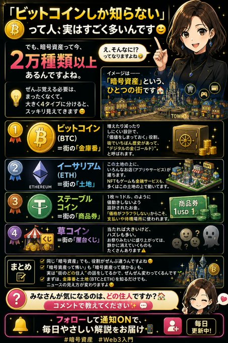 Japanese infographic explaining that people who say they 'only know about Bitcoin' are actually unaware there are over 20,000 types of cryptocurrency, using a town metaphor to compare Bitcoin to 'gold coins,' Ethereum to 'land,' stablecoins to 'products,' and meme coins to 'stage plays.'