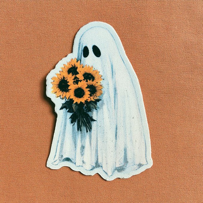 A small sticker features a watercolor-style illustration of a white ghost with black eyes holding a bouquet of sunflowers against an orange textured background.