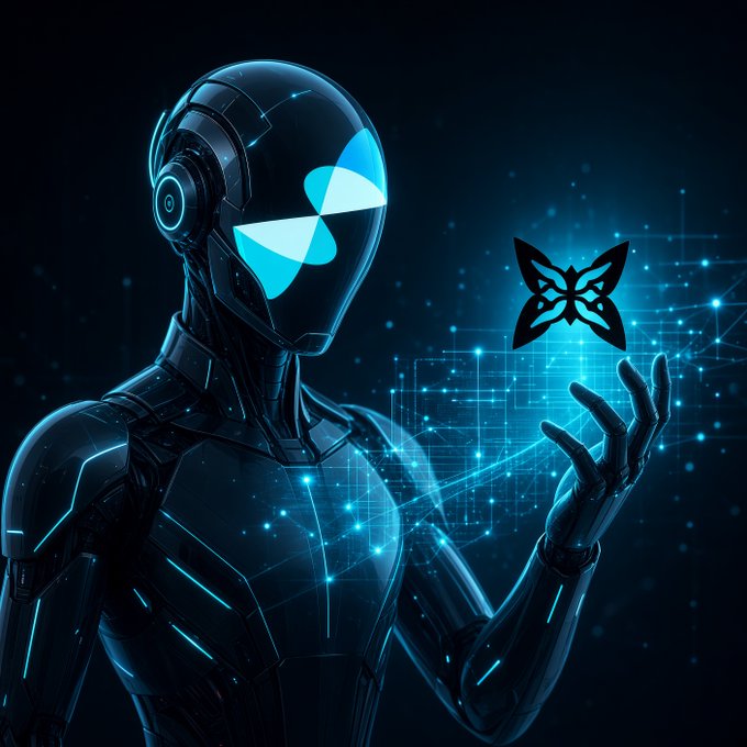 A futuristic AI-themed illustration featuring a dark robotic figure with a glowing blue X-shaped visor, holding up a black butterfly-shaped logo against a digital blue network background.