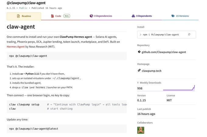 A npm package page for "@clawpump/claw-agent" version 0.1.15 showing 998 weekly downloads and 15 versions, with installation instructions for the ClawPump Hermes agent for Solana AI trading—visually confirming the post's claim of nearly 1K downloads in under 24 hours.