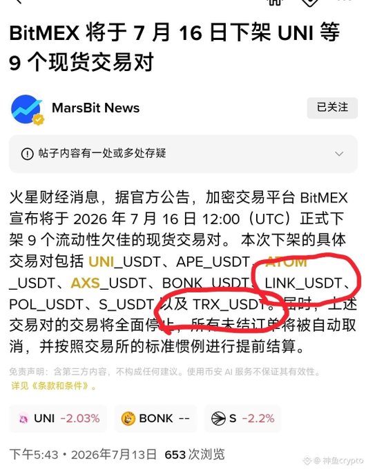 A Chinese-language MarsBit News post titled "BitMEX 将于 7 月 16 日下架 UNI 等 9 个现货交易对" announcing that BitMEX will delist 9 spot trading pairs including UNI_USDT and TRX_USDT on July 16, 2026, with hand-drawn red circles highlighting key parts of the text.