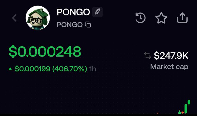 Cryptocurrency price tracker for PONGO showing a price of $0.000248 with a 406.70% increase in 1 hour and a market cap of $247.9K.