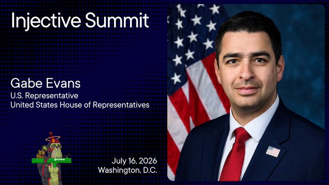 The image features a man wearing a suit and tie standing next to an American flag with the text "INJ" written above him. The caption below his photo reads "$INJ keeps getting closer to Washington now Congressman @repgaez is joining the $INJ Summit after backing the CLARITY Act and Anti-CBDC Surveillance State Act builders, policy makers and institutions finally entering the same room".