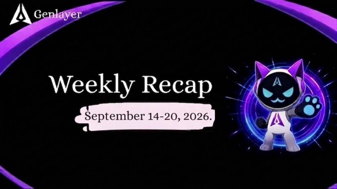 A 'Genlayer Weekly Recap' graphic for 'September 14-20, 2026.' features a purple and white cat-like character with glowing blue eyes on a black background.