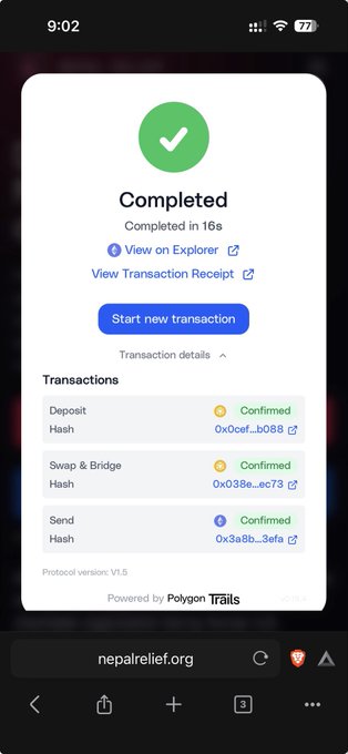 A mobile screenshot of a transaction confirmation page showing "Completed" status in 16s with Deposit, Swap & Bridge, and Send transactions all confirmed, powered by Polygon zkEVM.