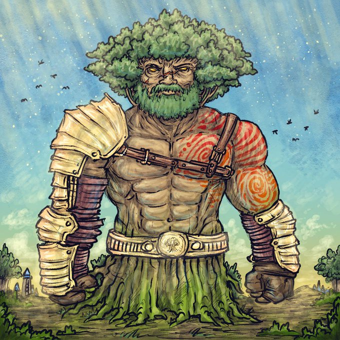 An illustration of a muscular warrior with green leafy hair, beard, and grass skirt resembling a tree/forest elemental, wearing armor on one shoulder and arm, and bearing red spiral tattoos, with a small village visible in the background.