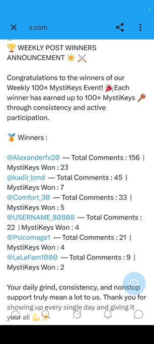A screenshot from x.com announcing the 'WEEKLY POST WINNERS' for a 'Weekly 100x MystiKeys Event,' listing winners with their comment counts and keys won, including @AlexandreFx20 (23 MystiKeys Won) and @kadir_bmd (7 MystiKeys Won).