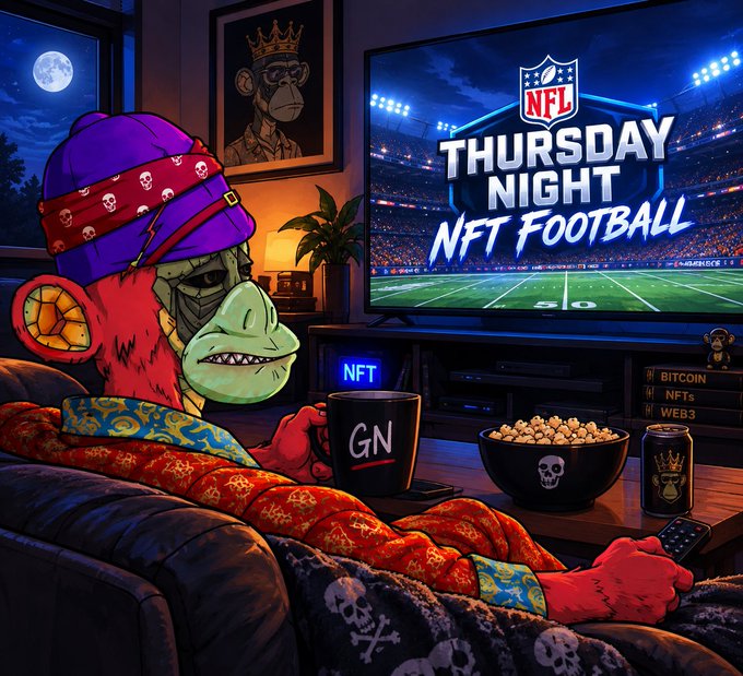 An illustrated image of a Bored Ape NFT character wearing a beanie and ornate robe, watching 'Thursday Night NFT Football' on TV while holding a popcorn bowl and a 'GN' mug.