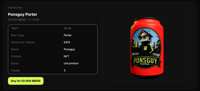 An NFT marketplace listing shows a "Ponsguy Porter" beer can item with details: Beer Type Porter, Alcohol by Volume 6.6%, priced at 50,000 $BEER with 3/3 left.