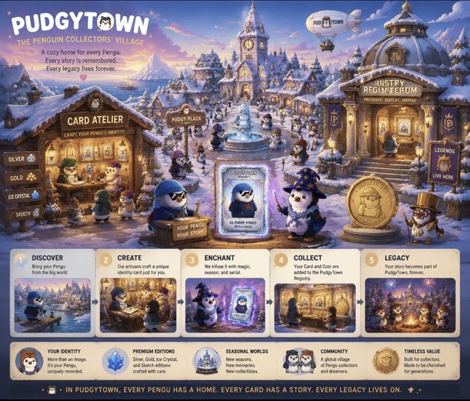 A promotional infographic for 'PUDGYTOWN - The Penguin Collectors' Village' showcasing a winter village scene with various buildings like Card Atelier, Pudgy Plaza, and Registry, along with a 5-step process for creating penguin identity cards.