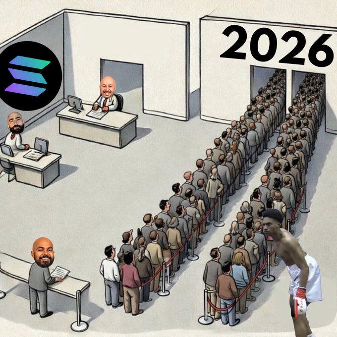A cartoon illustration shows a massive line of people stretching through doors labeled "2026," while a few Solana-affiliated figures (including one at a desk and one holding a document) stand at empty booths on the left, with the Solana logo displayed prominently—satirizing how Solana will continue to dominate as others queue up in 2026.