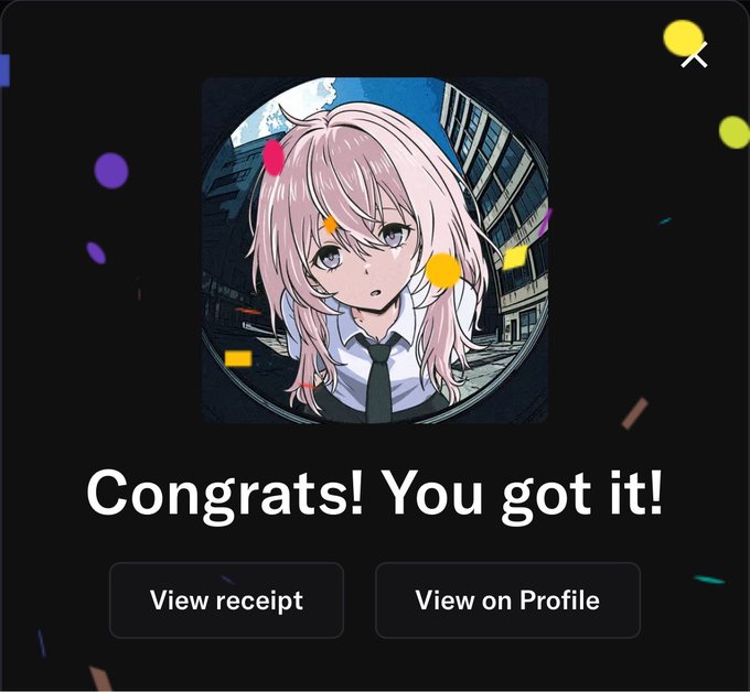 An anime-style girl with pink hair in a school uniform appears in a circular frame against an urban backdrop, celebrating a successful mint with "Congrats! You got it!" displayed below, along with "View receipt" and "View on Profile" buttons, linking to the user's minted NFT collaboration with artist @momoyumemi and TEGG.