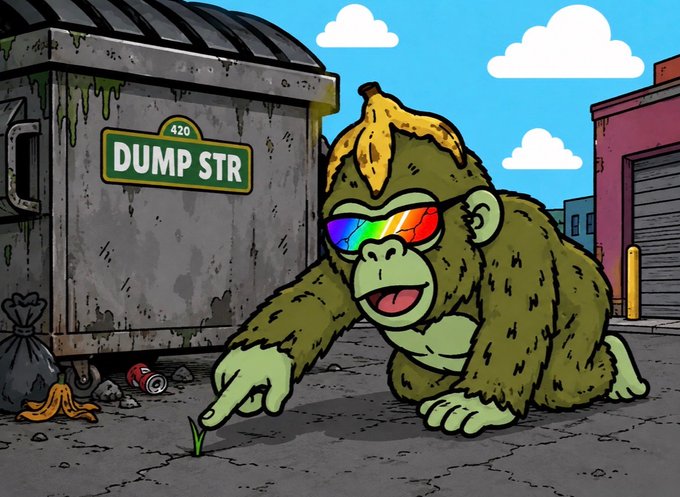 A cartoon illustration of a gorilla wearing rainbow-striped sunglasses with a banana peel on its head, kneeling on a street next to a grimy dumpster labeled "420 DUMP STR" and picking a blade of grass.