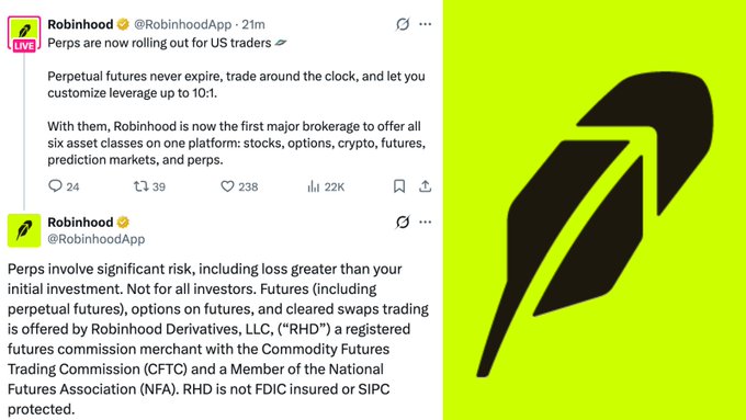 A screenshot of two X posts from Robinhood (@RobinhoodApp) announcing that perpetual futures (perps) are rolling out for US traders, accompanied by the green Robinhood feather logo.