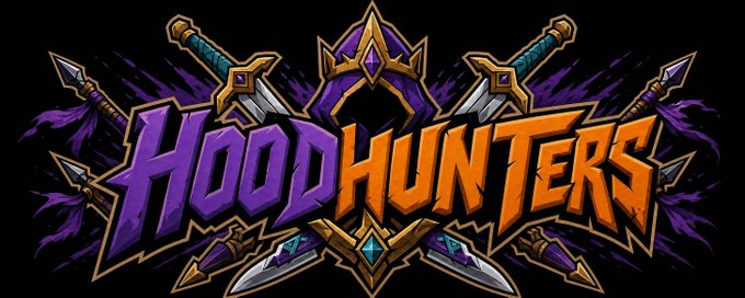 A vibrant gaming logo reading 'Hood Hunters' in purple and orange stylized text, decorated with crossed swords, arrows, and flame motifs against a black background.