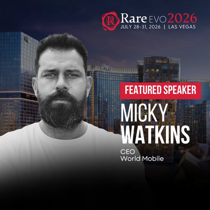 A Rare EVO 2026 event poster (July 28-31, 2026, Las Vegas) features Micky Watkins, CEO of World Mobile, as a featured speaker.