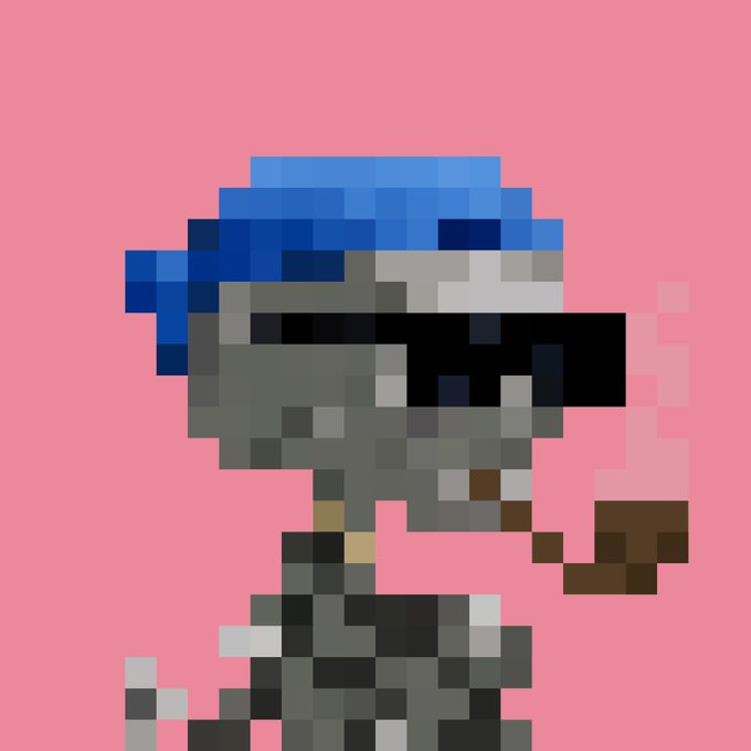 A pixel-art character wearing a blue cap and dark sunglasses against a pink background, standing in a contemplative pose that reflects the post's message of prioritizing artistic inspiration ("serve the Muse") over chasing trends like CryptoPunks or BAYC.