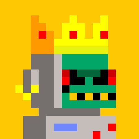 Pixel art style illustration of a character wearing a yellow crown with red jewels, green face/scarf, and gray armor, on a yellow background.