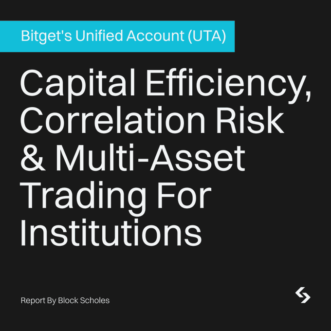 The image is a black promotional graphic featuring a teal banner at the top labeled "Bitget's Unified Account (UTA)" above the bold white headline "Capital Efficiency, Correlation Risk & Multi-Asset Trading For Institutions," with "Report By Block Scholes" credited at the bottom. It serves as the title cover for the Block Scholes research report highlighted in the post, visually anchoring the study's findings on how Bitget's UTA can lower committed capital from ~$340K to ~$175K in a modeled institutional portfolio.