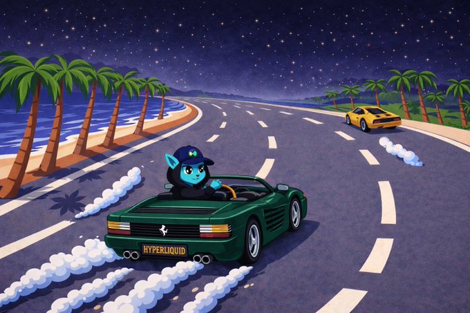 A colorful cartoon blue character drives a green convertible labeled “HYPERLIQUID” along a tropical beach road at night, drifting behind a yellow sports car.