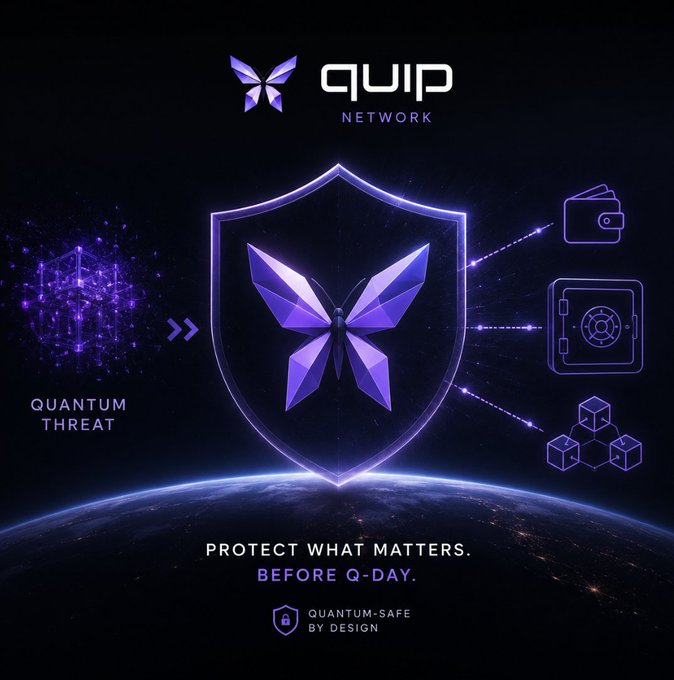 The image features a purple shield with illustrations of money, currency, and coins within it. The background is black and has a text that reads "Focus on what is in the image and how it relates to the post. Quantum safe by design". This context suggests that the image might be related to the Quip network's campaign or message about protecting assets in the current era due to the threat of quantum computing.