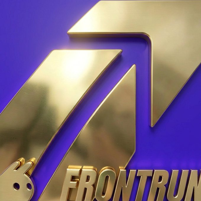 A bold metallic gold Frontrun logo, featuring a stylized "F" and a small bull icon, is displayed against a vibrant purple background with the text "FRONTRUN" beneath it, promoting their Robinhood trading cashback offer.