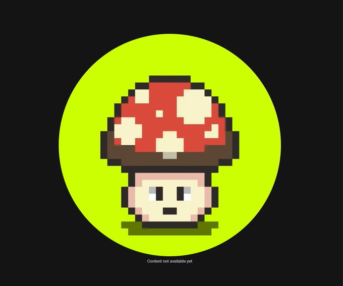 A pixel-art character with a red and white mushroom cap hat sits on a bright neon green circle against a black background, with the text 'Content not available yet' at the bottom.