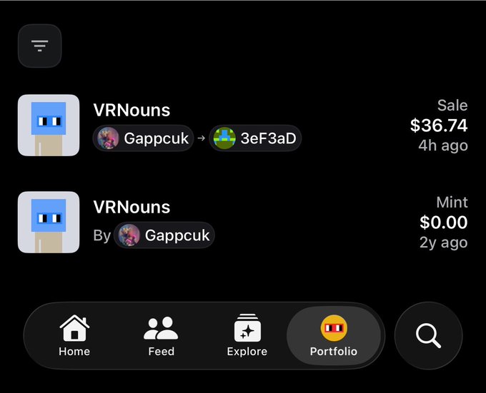 A dark-themed mobile app interface displays a NFT portfolio showing two "VRNouns" transactions: a recent sale for $36.74 by "Gappcuk" to "3eF3aD" 4 hours ago, and an original mint by "Gappcuk" for $0.00 two years ago, illustrating the user's point about a profitable free mint-to-sale flip.