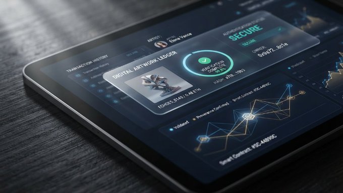 A digital art work ledger interface displayed on a tablet screen, showing transaction history, a verification status, and a secure blockchain network visualization.