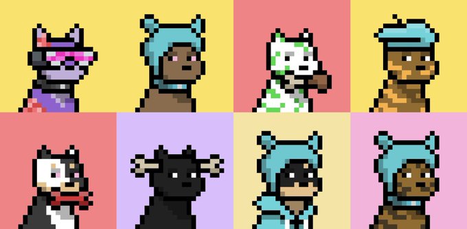 A grid of eight pixel-art animal characters, including bears and cows in various colored hoodies, displayed on pastel yellow, pink, and purple backgrounds.