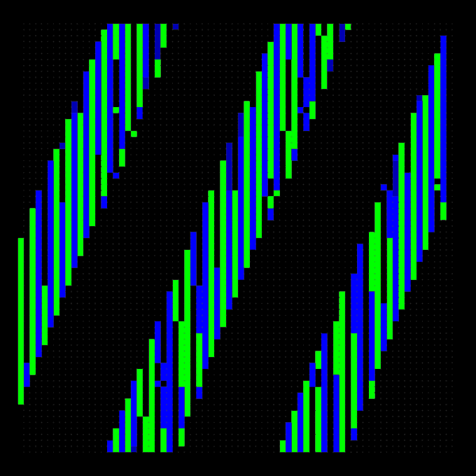 An abstract digital pattern of green and blue diagonal brushstrokes arranged in repeating chevron shapes against a black background.